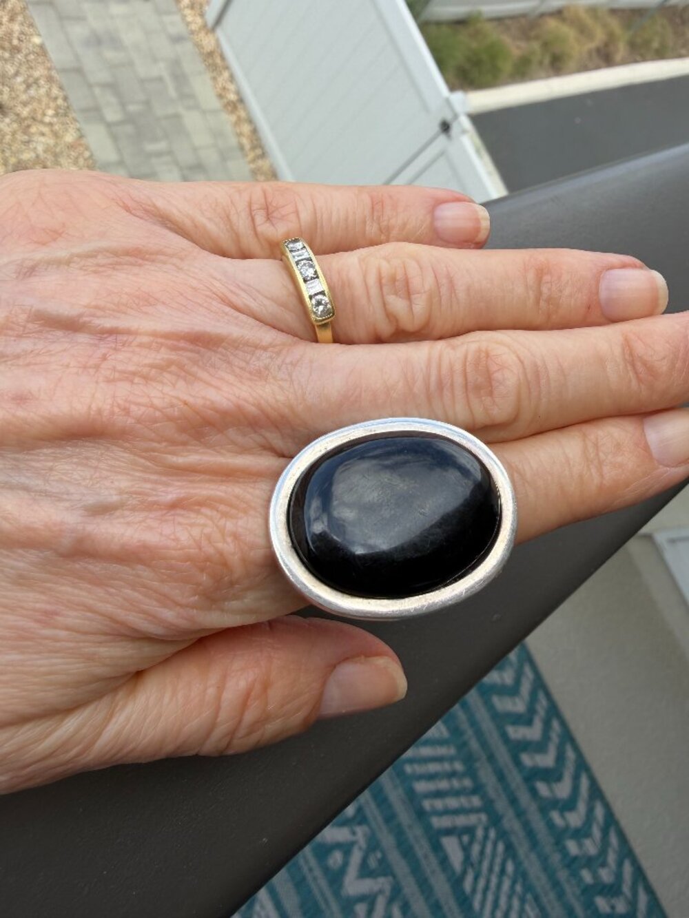 Bold vintage onyx and sterling silver ring, adjustable size